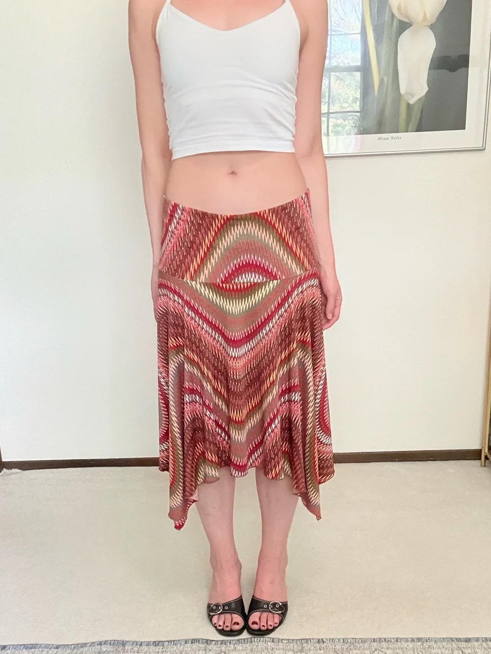 Y2K Low Rise Drop Waist Asymmetrical Hem Patterned Midi Skirt Fairy Boho
